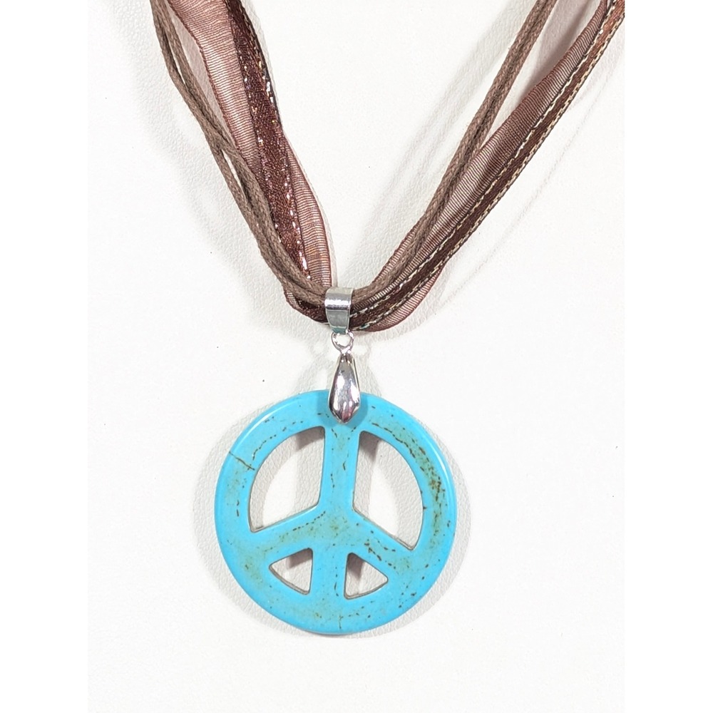 Boho Peace Sign Pendant Necklace Faux Turquoise Brown Ribbon Cord 18"